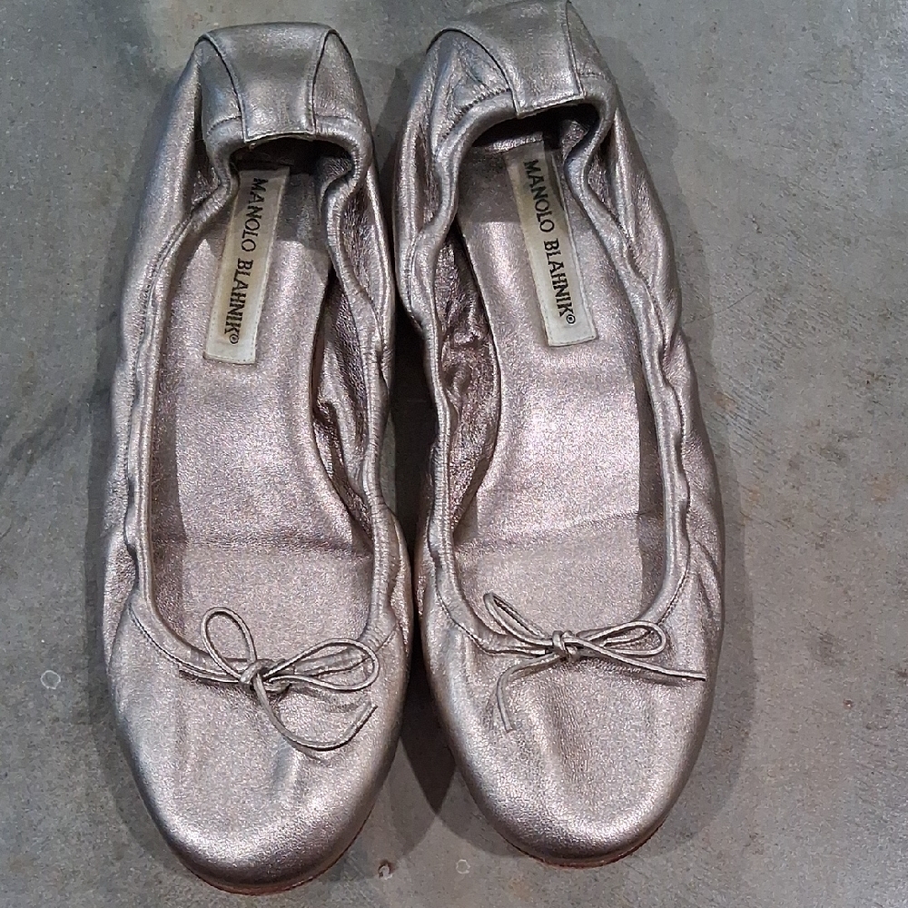 Manolo Blahnik Silver Flats with Bow Detail